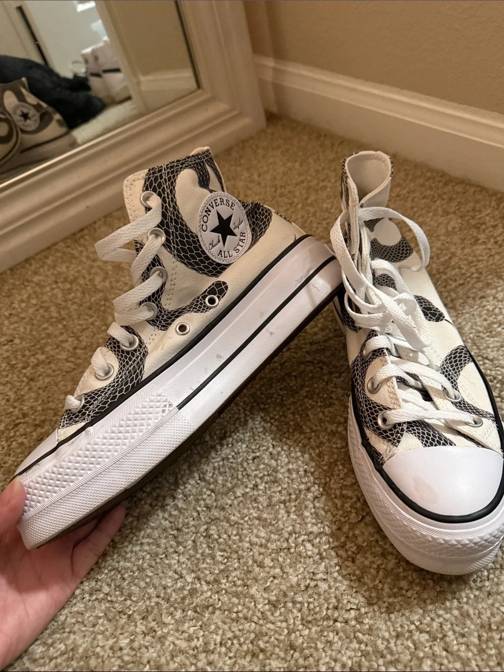 Converse White High-Top Sneakers with Black Snake Print